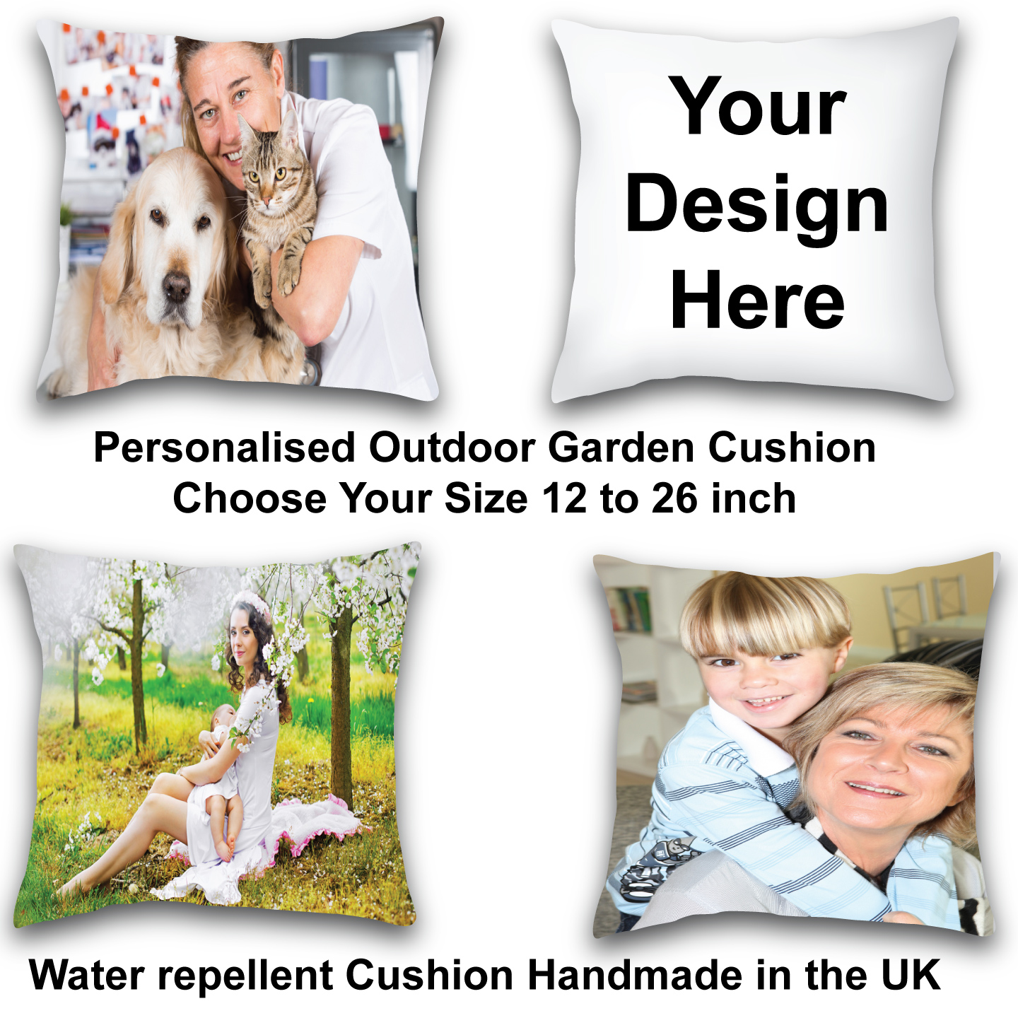 Personalised Outdoor Camping Garden Pillow Printed both sides Cushion, Photo Cushion Water repellent Cushion outdoor Garden Camping Cushion Picture Photo Cushion Design Your Own Cushion Photo Cushion Choose Your Size, Handmade with a zip for cover removal. Our Cushion are designed and Printed by us Aggie’s Bags in the UK, our covers are overlocked to give it strength and structure Lighter quality and so easier to sew but still tough, durable make perfect cushion Please Note – Water repellent, not water proof. Products made from this fabric will fade if left in direct sunlight permanently (either inside/outside) – they should be stored under cover after use. Please Note message us with your images, we make bespoke items so we will require you to approve a proof before we make print and dispatch this is to insure the you will be happy with your product Size Chart 12 inch 30cm x 30cm cushion cover Size is L 11 inches W 11 inches to fit a 12 inch cushion pad to make it look plump 14 inch 35cm x 35cm cushion cover Size is L 13 inches W 13 inches to fit a 14 inch cushion pad to make it look plump 16 inch 40cm x 40cm cushion cover Size is L 15 inches W 15 inches to fit a 16 inch cushion pad to make it look plump 18 inch 45cm x 45cm cushion cover Size is L 17 inches W 17 inches to fit a 18 inch cushion pad to make it look plump 20 inch 50cm x 50cm cushion cover Size is L 19 inches W 19 inches to fit a 20 inch cushion pad to make it look plump 22 inch 56cm x 56cm cushion cover Size is L 21 inches W 21 inches to fit a 22 inch cushion pad to make it look plump 24 inch 60cm x 60cm cushion cover Size is L 23 inches W 23 inches to fit a 24 inch cushion pad to make it look plump 26 inch 65cm x 65cm cushion cover Size is L 25 inches W 25 inches to fit a 26 inch cushion pad to make it look plump Any Questions Please Ask Manufacturing: All our items are manufactured by us MandADesign Studio here in the UK Terms and Conditions Buy purchasing this item the buyer has accepted these terms and conditions below the images that you send to M and A Design Studio must not infringe anyone's copyright; in particular, you must ensure that you either own the copyright in an Image that you send to us or that you are fully licensed by the copyright owner to use the Image and to make any subsequent use of it (such as by including the Image in a Product) or in email and postal communications. you must not infringe anyone's privacy or data protection rights; in particular, you must ensure you have the right to depict any person who appears in an Image that you send to us and to authorise the subsequent use of it (such as by including a depiction of that person in a Product or in email and postal communications. you must not infringe any other rights, such as a trade mark, of any person or entity or a duty owed to any person or entity, such as a duty of confidentiality, contravene any applicable law (including, without limitation, any criminal law) regulation; include anything that is false, inaccurate, misleading, offensive, abusive, threatening distress to any person. it is the buyer's responsibility to ensure that these guidelines are followed as M and A Design Studio cannot physically check every image. the buyer has accepted these terms and conditions buy purchasing this item. Thanks for Looking